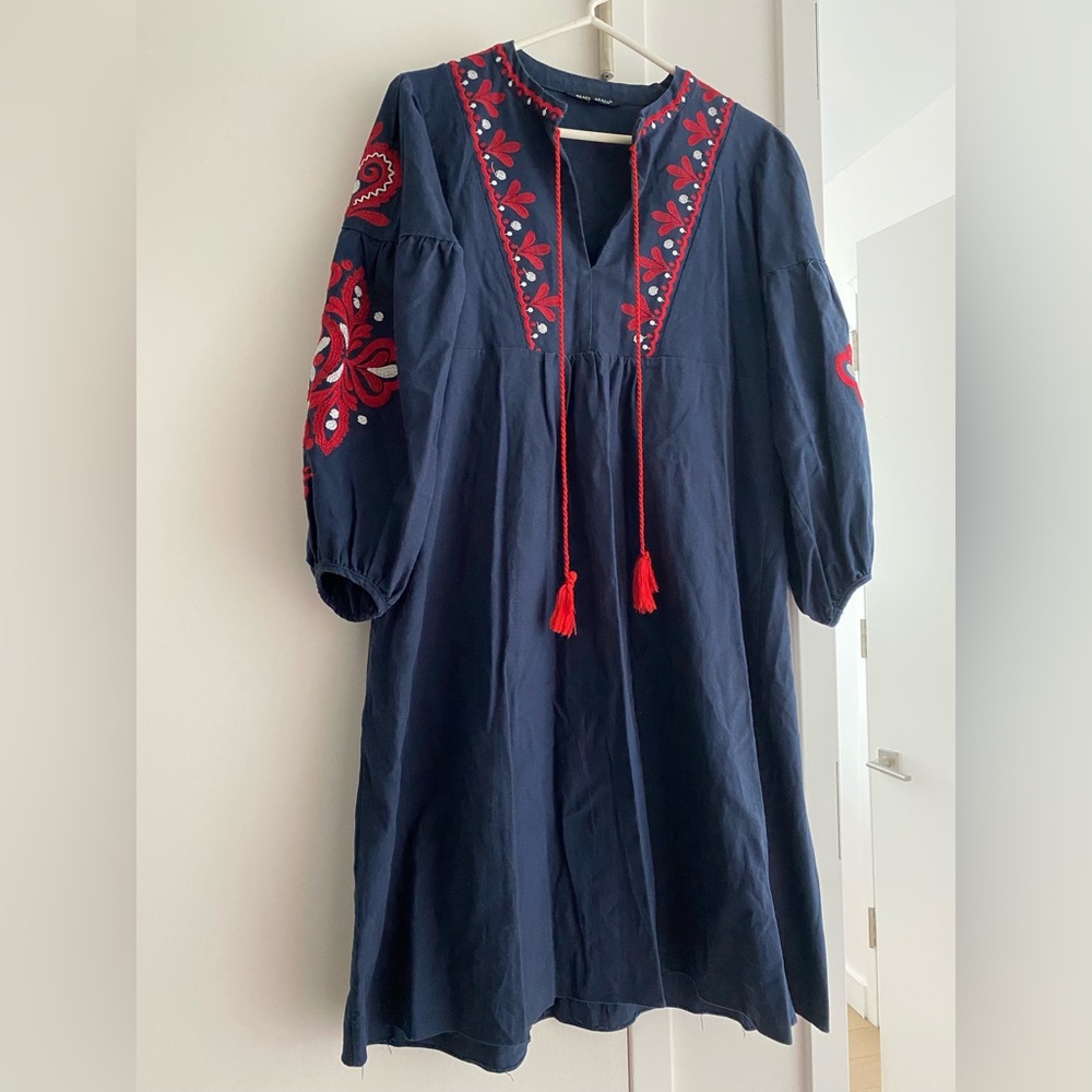 Boho Embroidered Long Sleeve Dress - Navy and Red